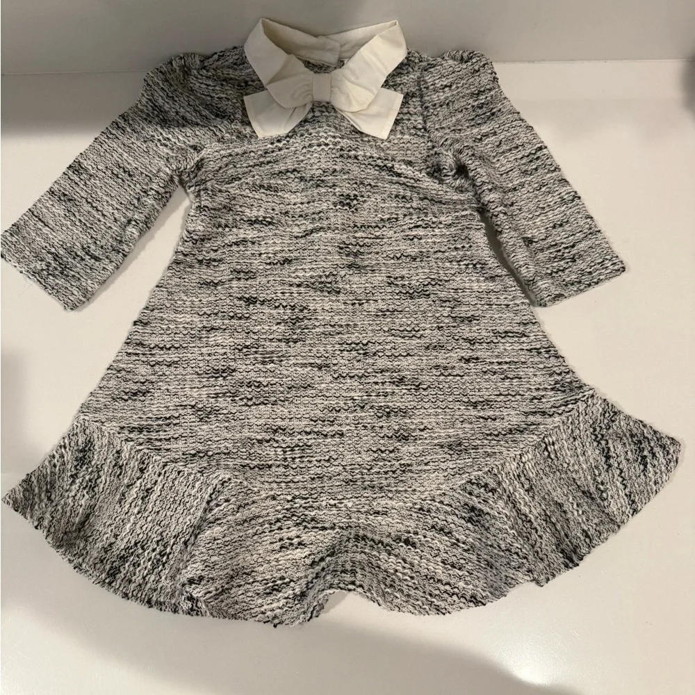 Janie and Jack Gray Tweed Dress with White Bow Collar Drop Waist Size 5